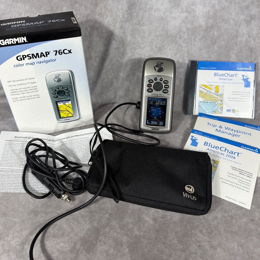 Garmin GPSMAP 76Cx Color Map GPS Navigator Bundle Case Card Cables & Blue Chart